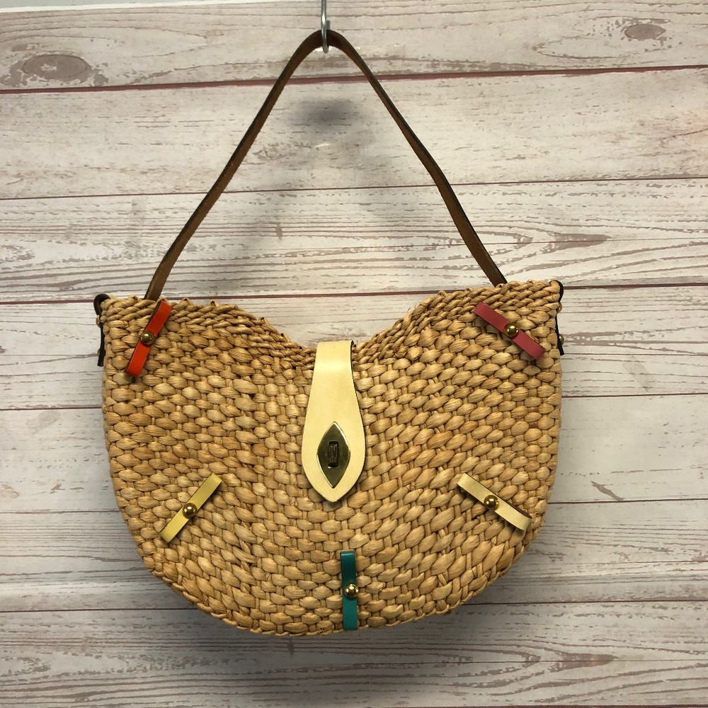 Vintage Straw and Leather Handbag Tote - Picture 2 of 10